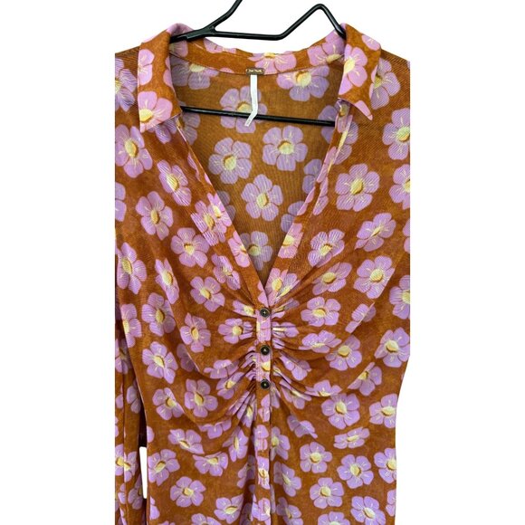 Free People Womens Lucky Shirtee Floral Long Sleeve Blouse Medium Rust/Purple - Picture 6 of 9